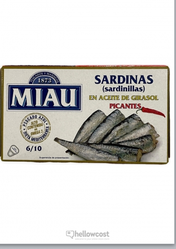 Miau Petites Sardines Piquants à l&#039;huile de Tournesol Boîte 90 gr.