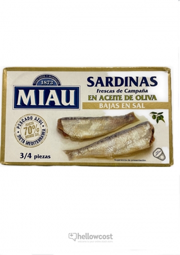 Miau Sardines à l&#039;huile d&#039;olive Faible Teneur en Sel Boîte 120 gr.